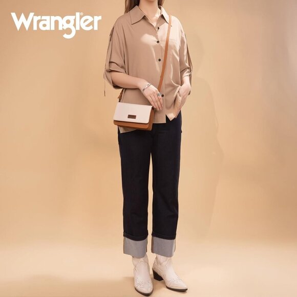 Wrangler Adjustable Crossbody Purse: Versatile Small Flap Bag in Tan/Brown - Picture 2 of 6